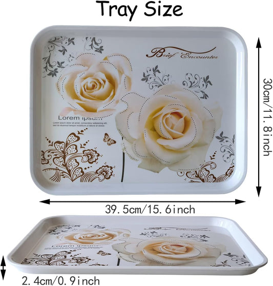 Large Serving Platter Melamine Trays 2 Pack Stackable Food Tray with Floral Print for Gift, Party, Decor, Home, Restaurant (Gold Rose, Medium)