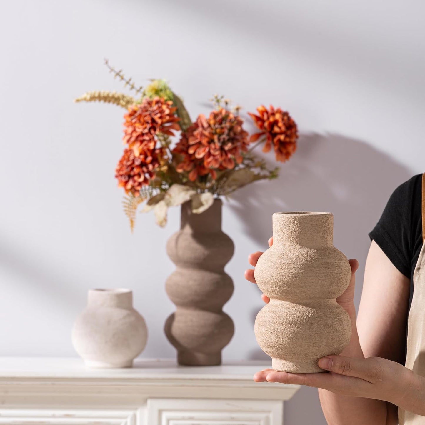 Ceramic Vase Home Table Decor - Flower Vase Set of 3 Living Room Kitchen Decorations Farmhouse Modern Rustic Vases Decorative Centerpiece for Shelf Bedroom Office Bathroom Dining Coffee Desk