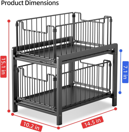 2 Tier Sliding Basket Drawer Organizer, Lxmons Pull Out Under Sink Cabinets Organizers, Metal Home Shelf for Bathroom or Kitchen, Sliding Countertop or Pantry Storage Shelf, Large Black