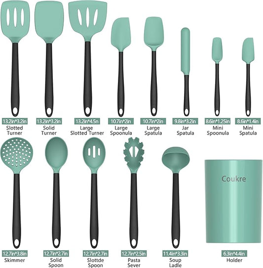 Coukre Silicone Kitchen Cooking Utensils Set with Holder – Heat-Resistant, Food-Grade Kitchen Tools, Spatula, Spoon & Gadgets for Non-Stick Pans, Dishwasher Safe (14, AquaGreen)