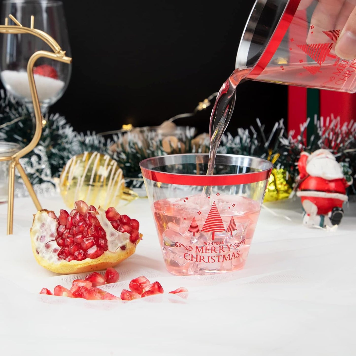 I00000 100PCS Christmas Red Plastic Cups Christmas Disposable Cups 9 Oz Plastic Holiday Cups Wine Glasses Red Rim Clear Cocktail Tumblers Drinking Glasses for Parties