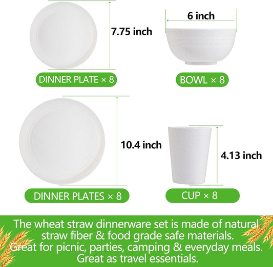 Supernal 32pcs Wheat Straw Dinnerware Sets, White Dishes for 8, Plates and Bowls Sets, Reusable Plastic Plates, Microwave Dishwasher Safe, White Plastic Dinnerware Set