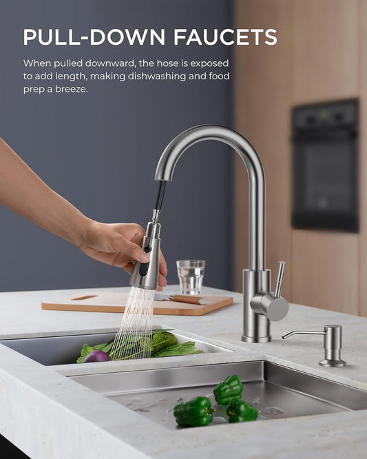 FORIOUS Kitchen Faucet with Soap Dispenser, Brushed Nickel, Single Handle Stainless Steel Transitional Sink Faucet with Pull Down Sprayer 1 or 3 Hole, Suitable for Farmhouse Laundry Camper RV Bar
