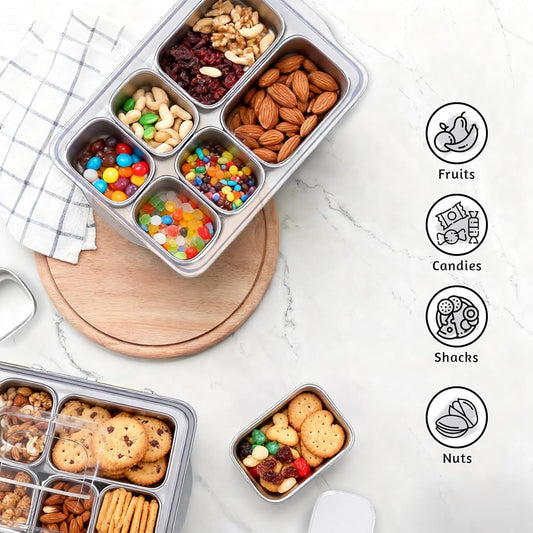 Stainless Steel Snack Containers with Lids, 8 Compartment Snacklebox, Portable Serving Snack Tray with Lid & Snack Organizer for Fruits, Nuts, Candy