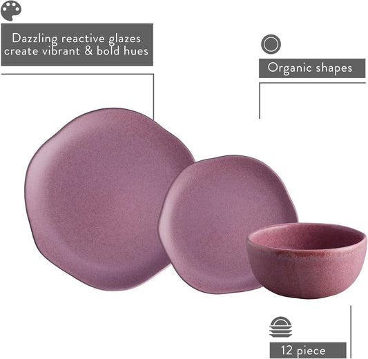 Corona Dinnerware Set 12–piece, Plates and Bowls Set, Ceramic Sets for 4, Microwave and Dishwasher Safe, Gulupa Reactive Glaze, Bold & Matte Set.