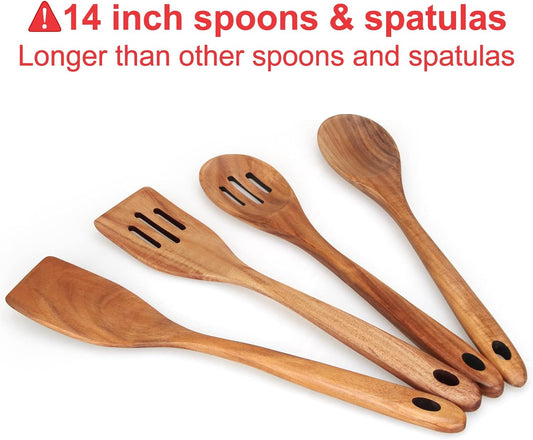 4-Piece 14" Large Acacia Wood Utensils Set for Cooking Spatula Wooden Kitchen Utensil Non Toxic Spoon Slotted Turner Best Long Spatula for Kitchen Use Tools Cooking Utensils Mixing Serving Spoons