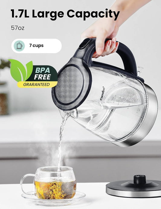 COMFEE' Glass Electric Tea Kettle & Hot Water Kettle Electric, 1.7L Electric Kettle with LED Indicator, 1500W Fast Boil, Auto Shut-Off and Boil-Dry Protection