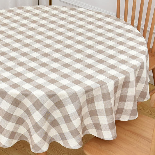 Gingham Round Tablecloth Table Cloth Heavy Duty Cotton Checkered Table Cloth Round Cover for Dining Room (R-Beige, 53 inch Diameter)