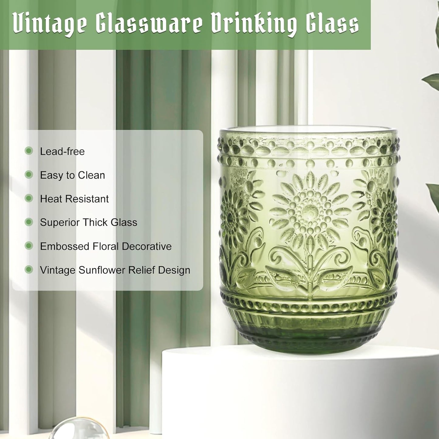 Glass Cups, Vintage Glassware Drinking Glass Set of 4, 12oz Colored Glassware with Sunflower Design, Embossed Floral Decorative Glasses Drinking Set for Beverage, Vintage Drinking Glasses (Green)