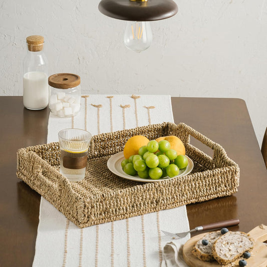 Wicker Scalloped Serving Tray with Handles - Seagrass Handwoven Trays,Water Hyacinth Tray for Home Decor and Living Room, Dining Table, Bathroom Organizing, 16.9" L x 12.9" W x 1.96" H
