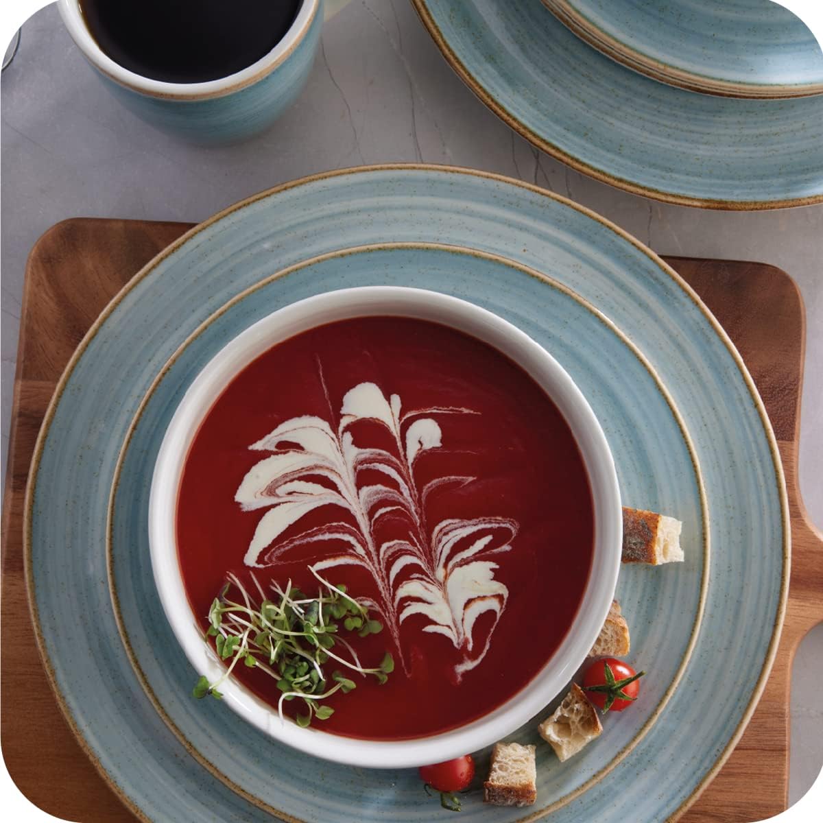 Corona 16-piece Rustic and Modern Hand-Painted Details Ceramic Dinnerware Sets, Plates, Bowls and Mugs, Service For 4, Blue Caoba