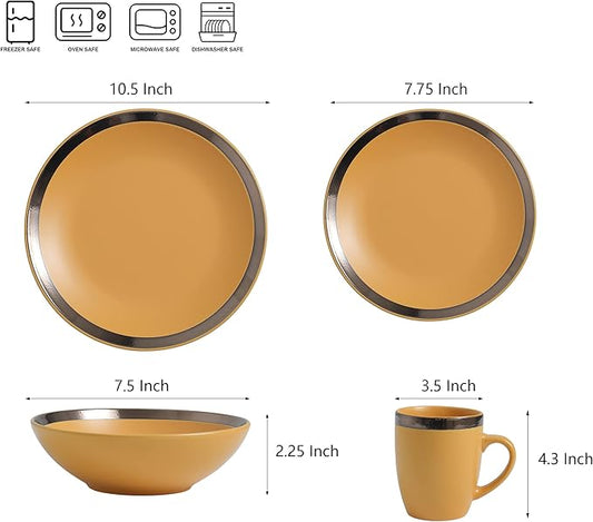 Bestone 16 Piece Round Kitchen Dinnerware Sets,Plates and Bowls sets,Dishes, Plates, Bowls, Mugs, Dish Set,Plates and Bowls,Service for 4, Stoneware (round, green and gold rim)