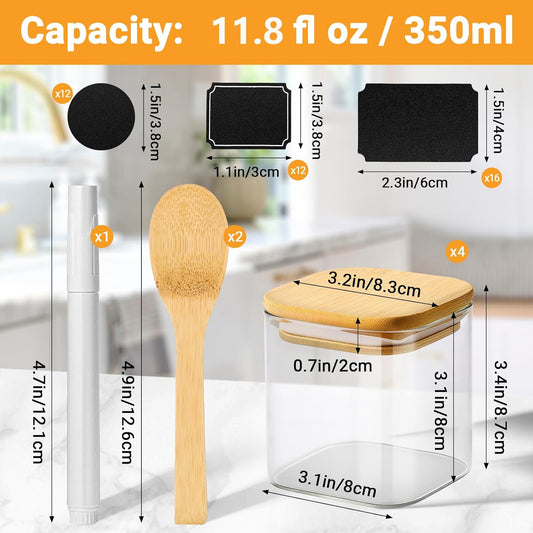 Square Glass Jars with Bamboo Lids, 12 Fl.oz Glass Storage Jars with Airtight Lids Set of 4, Clear Pantry Canister for Spice, Sugar, Coffee Bean, Tea, Oats - Included Labels, Marker and Spoon