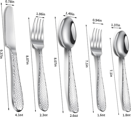 Hammered Silverware Set, 20-Piece Heavy Duty Stainless Steel Flatware Sets for 4, Food-Grade Cutlery Set for Home Restaurant, Mirror Polished, Dishwasher Safe