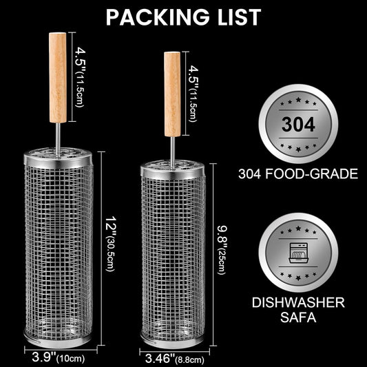 Nesting Grill Baskets (2 PCS), 304 Stainless Steel with Removable Wooden Handle, Rolling Grilling Net, BBQ Accessories Tools for Vegetables Shrimp, Outdoor Camping, Gifts for Men Dad and Husband