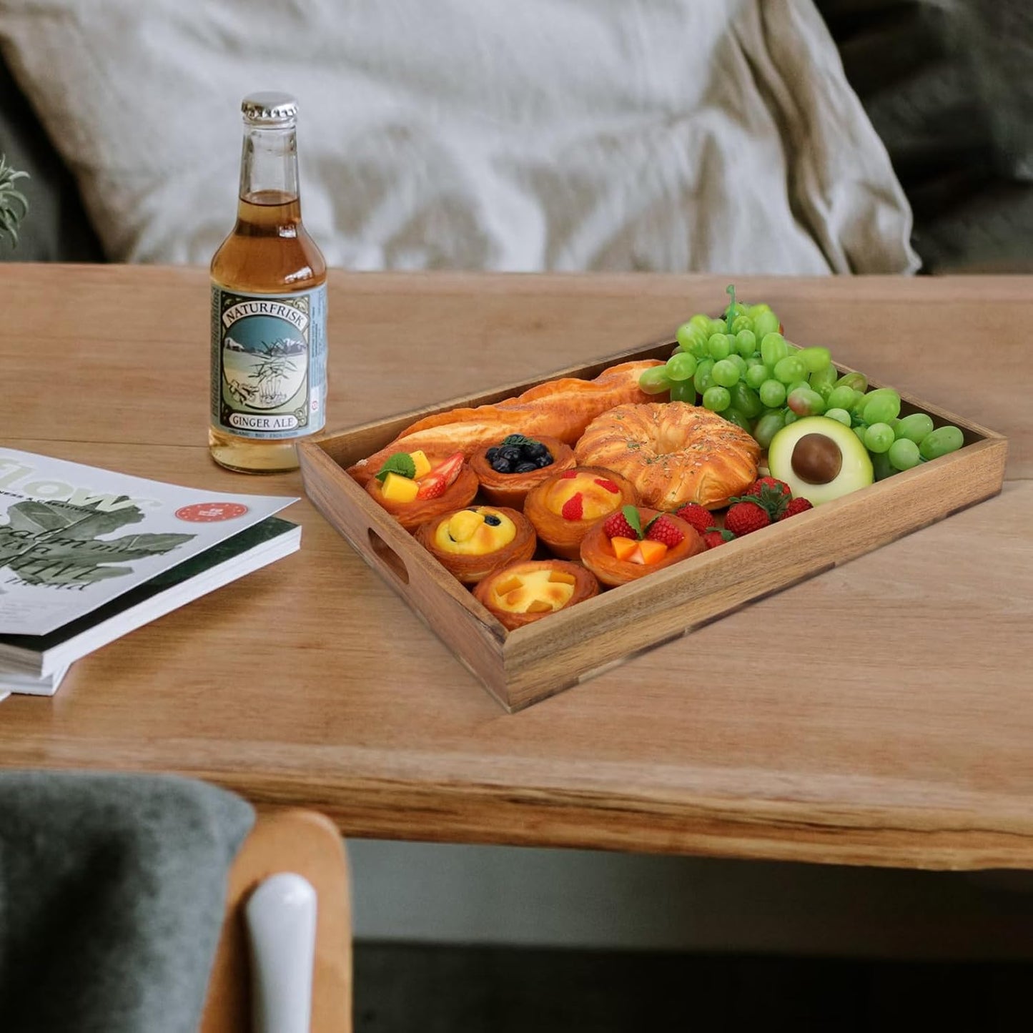 Acacia Wood Serving Tray with Handles,15.7x11.8 in Colorful Wooden Serving Tray Ottoman Tray Decorative Serving Trays Platter for Breakfast in Bed, Great for Lap &Couch