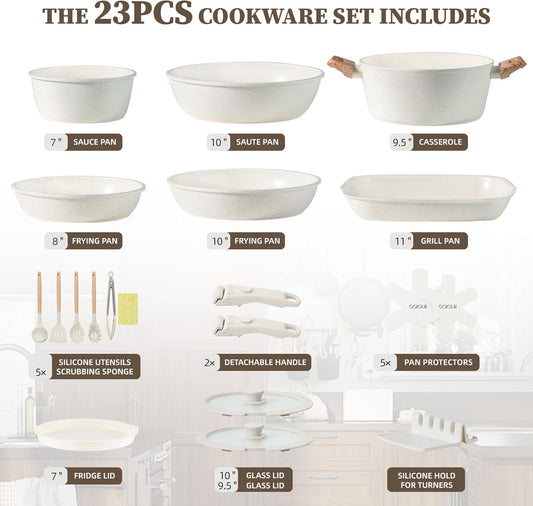 23Pcs Ceramic Cookware Set Non Stick Pots and Pans Set Non Toxic with Detachable Handle Induction Kitchen Cookware Set Space Saving, Oven & Dishwasher Safe, Cream White