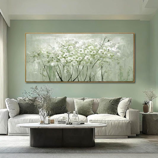 MLART99 Soft Green and White Floral Canvas Extra large Flower Wall Art Texture Botanical Print Plant Posters- 32x70 Inch Modern Home Decor for Living Room Entryway