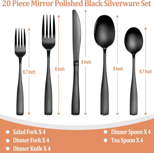 20 Pcs Black Silverware Set, Food-Grade Stainless Steel Flatware Set for 4, Square Cutlery Set, Mirror Polished Tableware Eating Utensils Set for Kitchen, Include Knife Fork Spoon Set,Dishwasher Safe