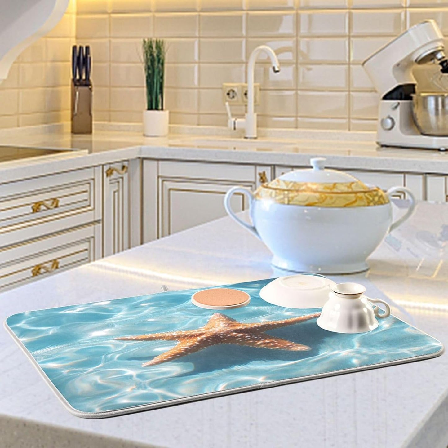 Starfish Floating Dish Drying Mat for Kitchen Counter Super Absorbent Dishes Pad Reversible Microfiber Protector Dish Draining Mats 16x18 inch