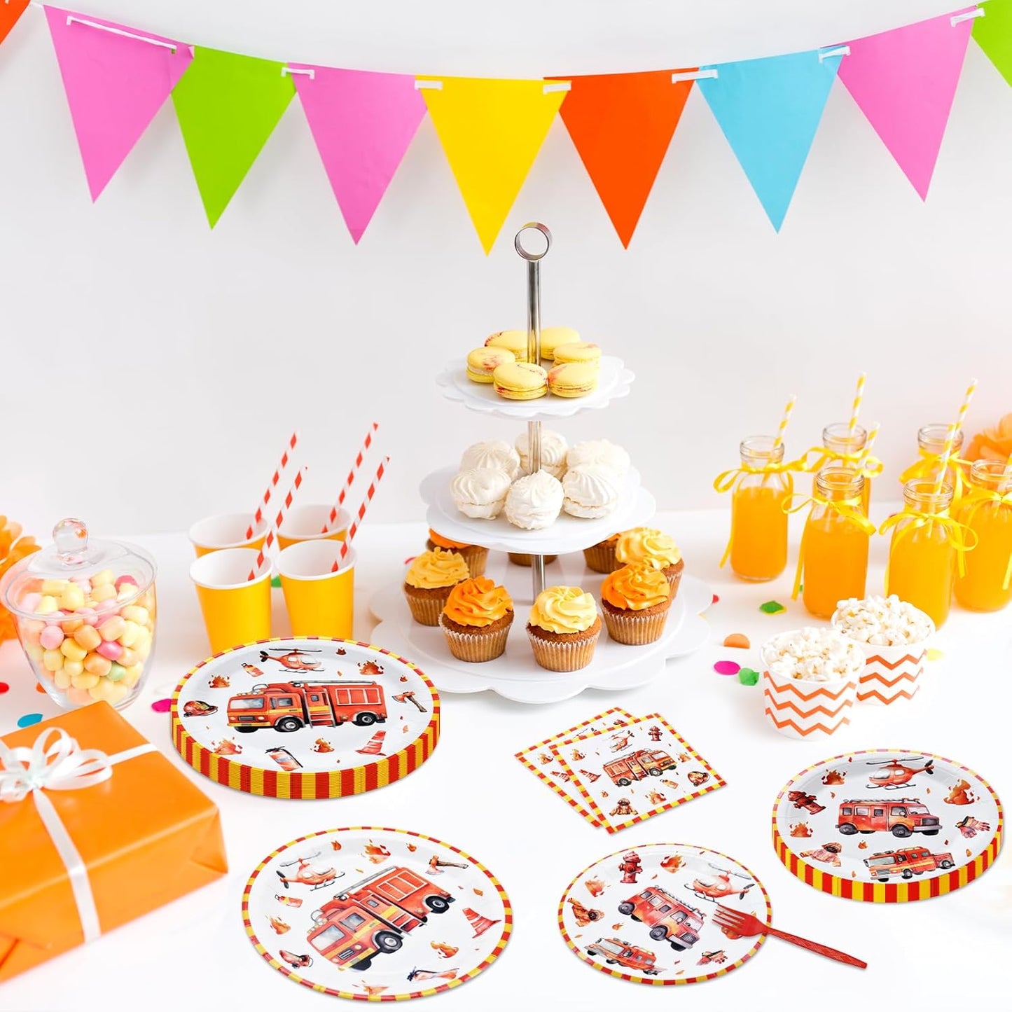 96 Pcs Firetruck Tableware Set – Disposable Firefighter Theme Dinnerware with Paper Plates, Napkins, and Red Forks for Kids Boys Birthday Party Decorations – Serves 24