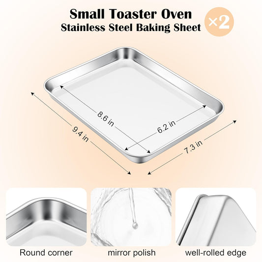E-far 2 Packs Toaster Oven Trays, 9.4”x7.3” Stainless Steel Small Baking Cookie Sheets, Mini Non-toxic Metal Baking Pans for Cake, Healthy & Rust Free, Mirror Finish & Dishwasher Safe