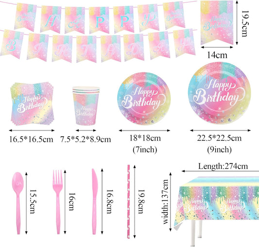 Rainbow Birthday Plates Napkins Sets Pink Birthday Party Supplies Glitter Diamond Plates,Rose Gold Disposable Birthdays Dinnerware Sets Unicorn Girls Party Plates with Tablecloth Cup Banner Serve 24