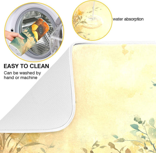 Vintage Floral Sunflowers Dish Drying Mat for Kitchen Counter Super Absorbent Dishes Pad Reversible Microfiber Protector Dish Draining Mats 16x18 inch