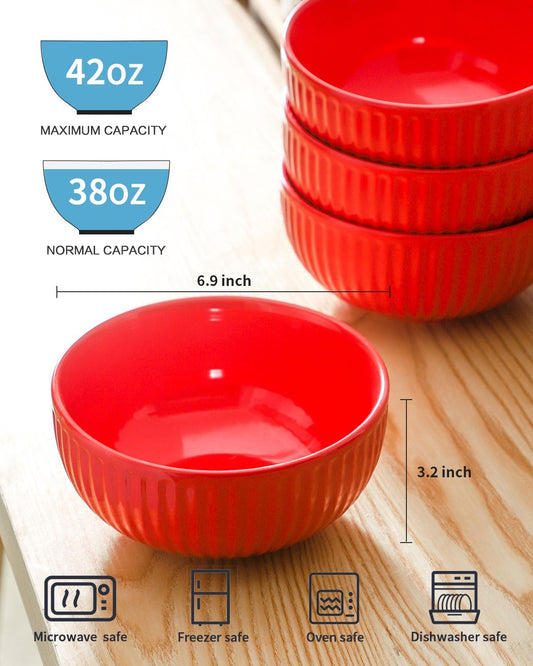Hasense Large Ceramic Serving Bowls 42 Oz - 7 Inch Salad Bowl Set of 4 for Kitchen,Modern Ribbed Porcelain Dishes for Entertaining,Soup,Pho,Pasta,Cereal, Noodle - Dishwasher & Microwave Safe, Red