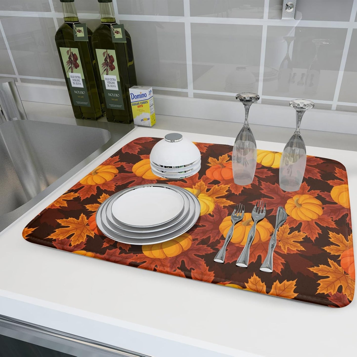 Fall Drying Mats for Kitchen Counter 18×24 Inch Autumn Pumpkin Leaves Large Microfiber Drying Mat Kitchen Accessories Dish Rack Mat Drainer Pad Washable Absorbent
