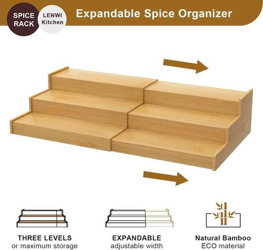 Spice Rack Organizer for Cabinet, 3 Tier Expandable Bamboo Spice Storage, Great for Kitchen Cabinet, Cupboard,Pantry and More