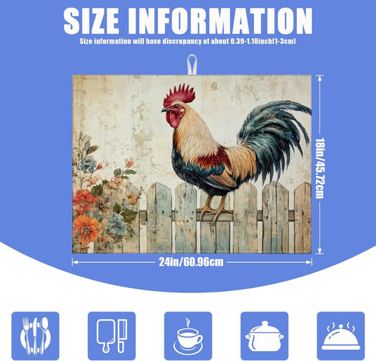 Vintage Rooster Dish Drying Mat for Kitchen Counter Farmhouse Drying Pad Absorbent Reversible Dish Drainer Rack Mats Draining Pad 18"x24"Inch