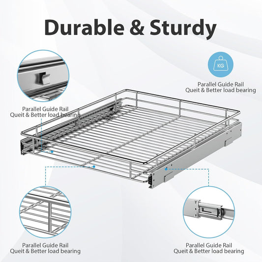 ZOINLIY Pull Out Cabinet Organizer, Versatile Slide Out Kitchen Organizers and Storage,Heavy Duty Drawer Cupboard Storage Basket, Smooth Sliding, Chrome Finish,22.8" W x 21" D