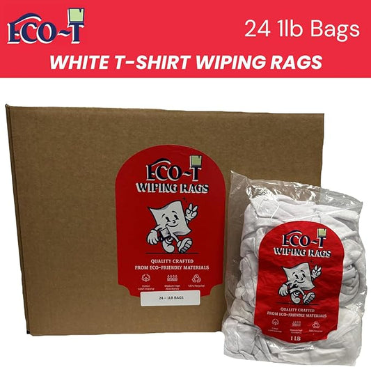 24 X 1 lb Bags (24 Lbs) Eco-T Paint Rags - White T-Shirt Material, 100% Recycled, Eco-Friendly, High Absorbency, Low Lint, Low-Cost, Painting and Cleaning Cloth