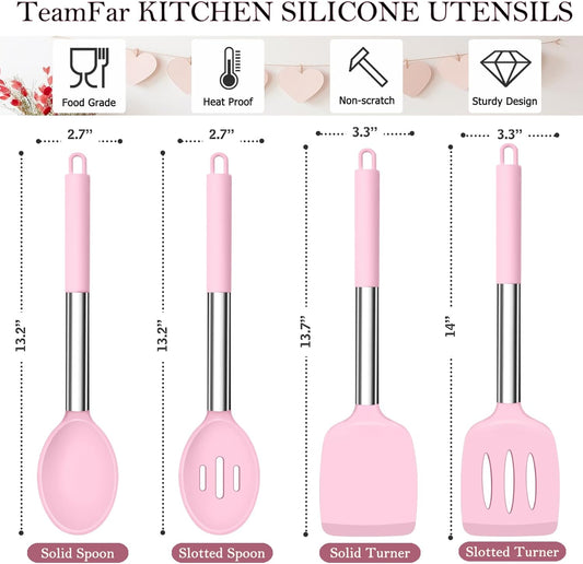 TeamFar Kitchen Utensils, 4 PCS Silicone Cooking Utensils Spatula Spoon Set with Stainless Steel Handle, for Frying Mixing Draining Turning, Healthy & Heat-proof, Non-stick & Dishwasher Safe - Pink