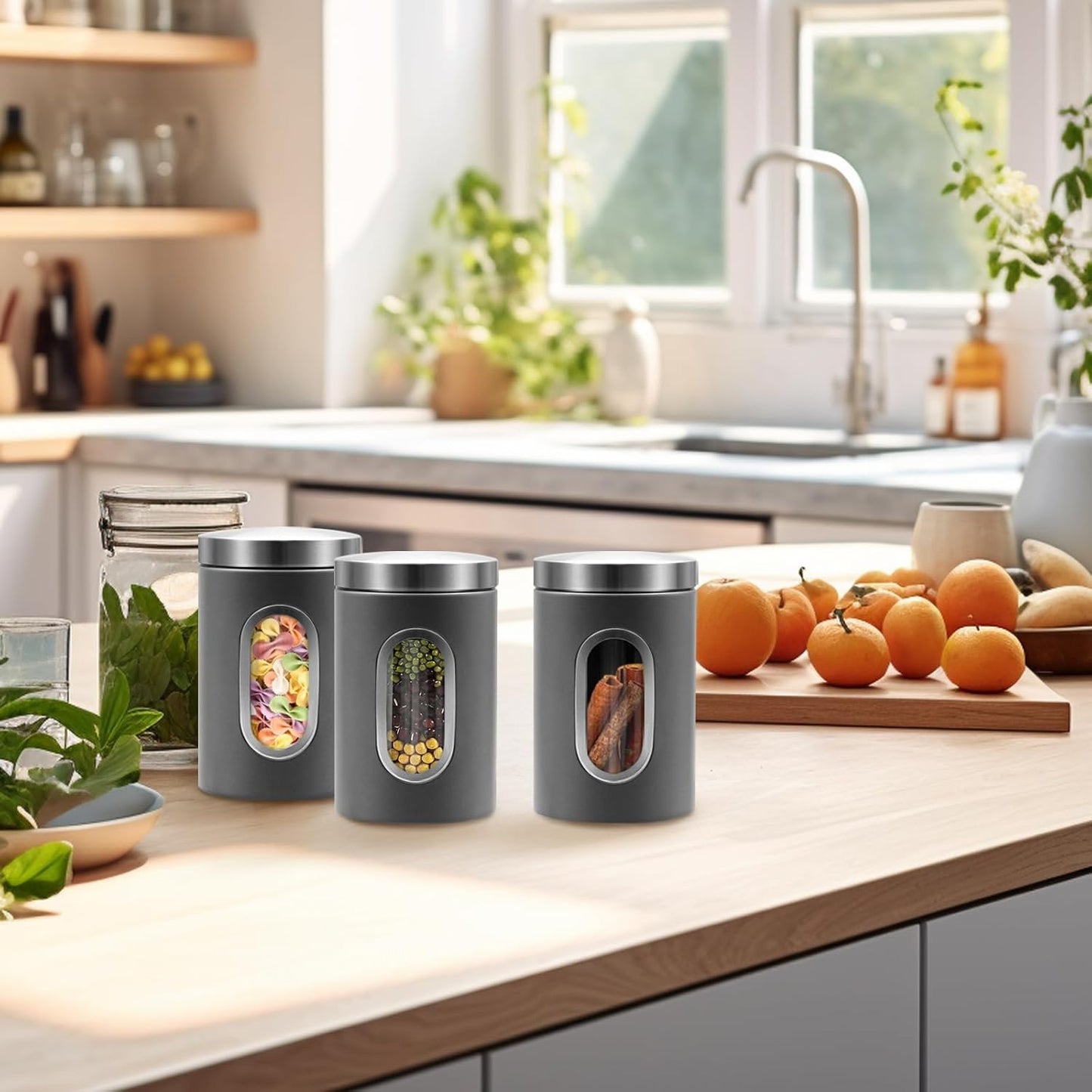 Canisters Sets for the Kitchen, 3pcs Sugar Flour Tea Coffee Storage Jars Stainless Steel Food Container Organizer for Kitchen Counter with Transparent Window (grey)
