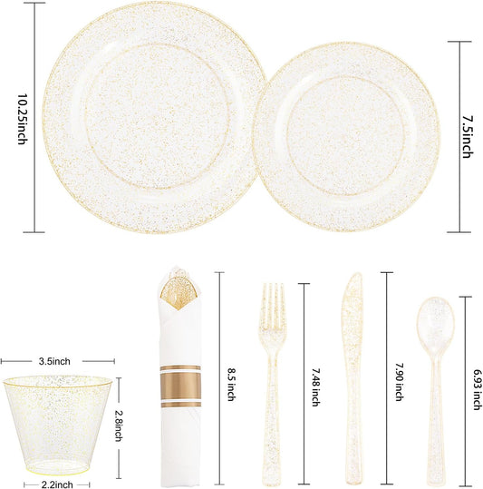 DaYammi 210PCS Gold Glitter Plastic Dinnerware Set for 30 Guests, Fancy Disposable Plates for Party, Include: 30 Dinner Plates, 30 Dessert Plates, 30 Pre Rolled Napkins with Gold Silverware, 30 Cups