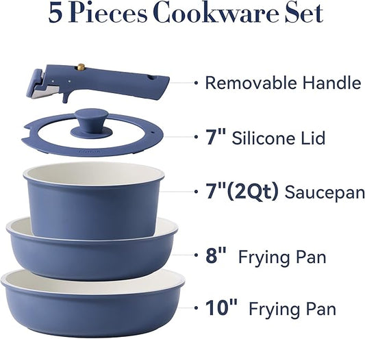CAROTE 5pcs Pots and Pans Set Non stick,Cookware Set Detachable Handle,kitchen essentials,RV kitchen pot and pan,Induction Cookware,Oven Safe,PFOA PFOS FREE,Blue