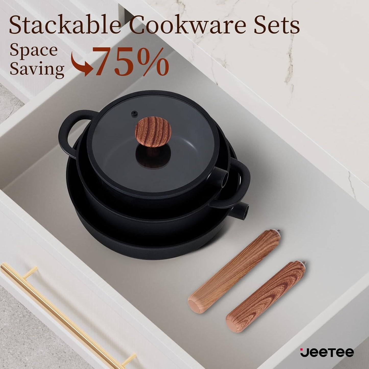 JEETEE Ceramic Cookware Set, 15 PCS Pots and Pans Set Non Stick with Removable Handles, Non Toxic Induction Kitchen Cookware Sets, Dishwasher/Oven Safe PFAS/PFOA Free Black