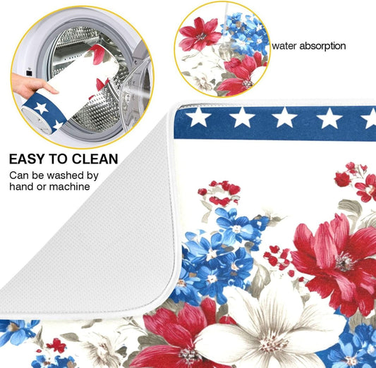 Flowers and Stars Dish Drying Mat for Kitchen Counter Super Absorbent Dishes Pad Reversible Microfiber Protector Dish Draining Mats 16x18 inch