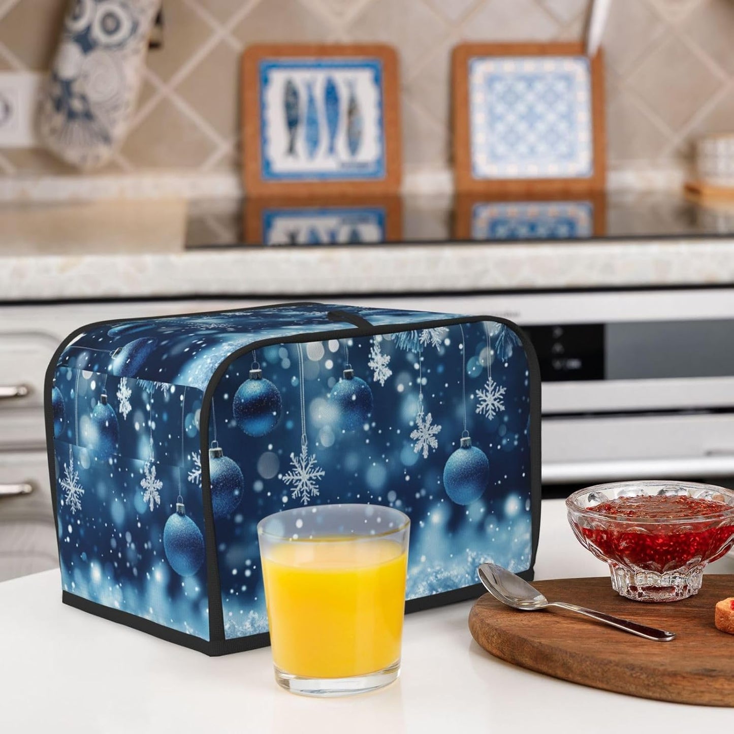 Toaster Cover 2 Slice Christmas Blue Snowflake Ball Kitchen Small Appliance Covers with Pockets Dust and Fingerprint Protection