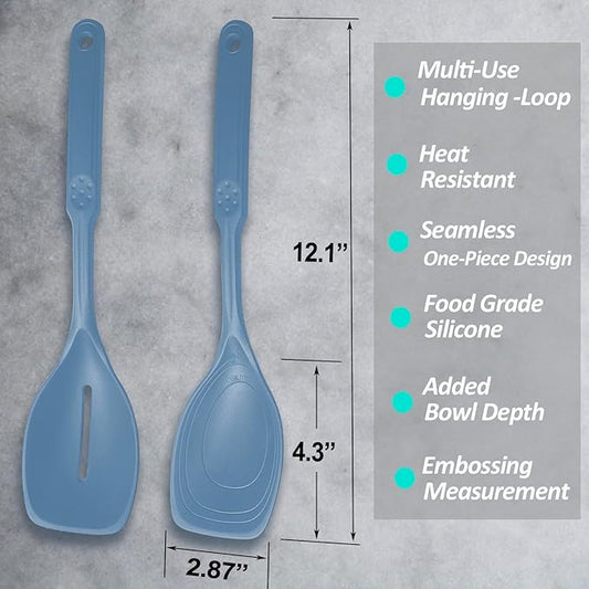 2 Pack Large Silicone Cooking Spoon, Non-Stick Slotted and Solid Spoon set with Deep Bolw- Measurement Mark for Mixing, Serving, Scooping, Scraping, Heat Resistant Kitchen Utensils, Starry Blue