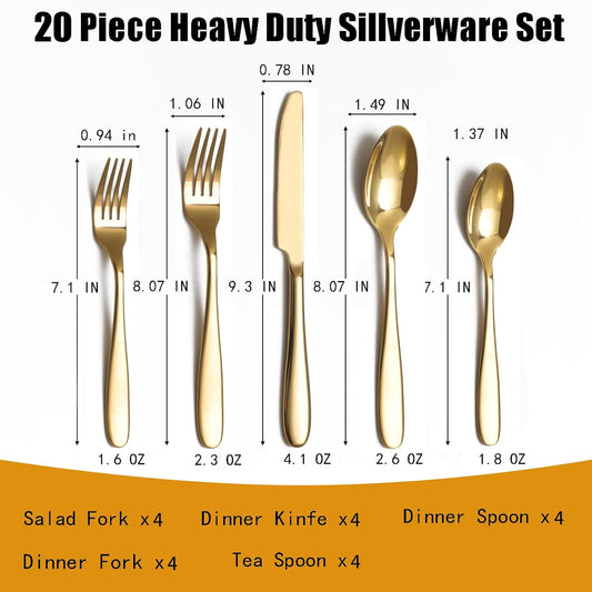 20-Piece Gold Silverware Set, Flatware Set for 4, Food-Grade Stainless Steel Tableware Cutlery Set, Mirror Finished Utensil Sets for Home Restaurant, Forks Spoons and Knives Set, Dishwasher Safe