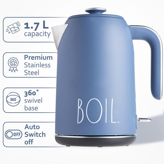 Rae Dunn Electric Hot Water Kettle - Stainless Steel Coffee Maker, Tea Kettle, Swivel Base, With Automatic Shut Off Boil-Dry Protection, Easy Pour Pitcher, 1500 Watt Boiling Power, 1.7 Liters, Navy