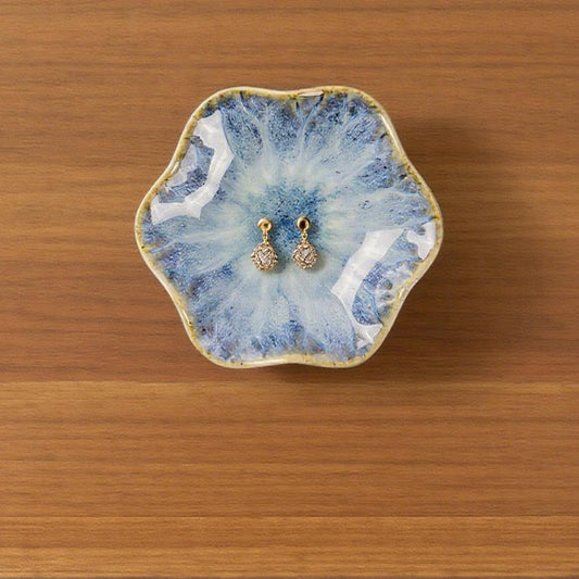 2Pcs Ceramic Jewelry Dish - Lotus Leaf Shape, for Ring Holder Necklace Small Key, Suitable for Mother Friend Sister, Gifts for Women, Cute Plate Trinket Tray, Home Decor (Light Blue & Blue)