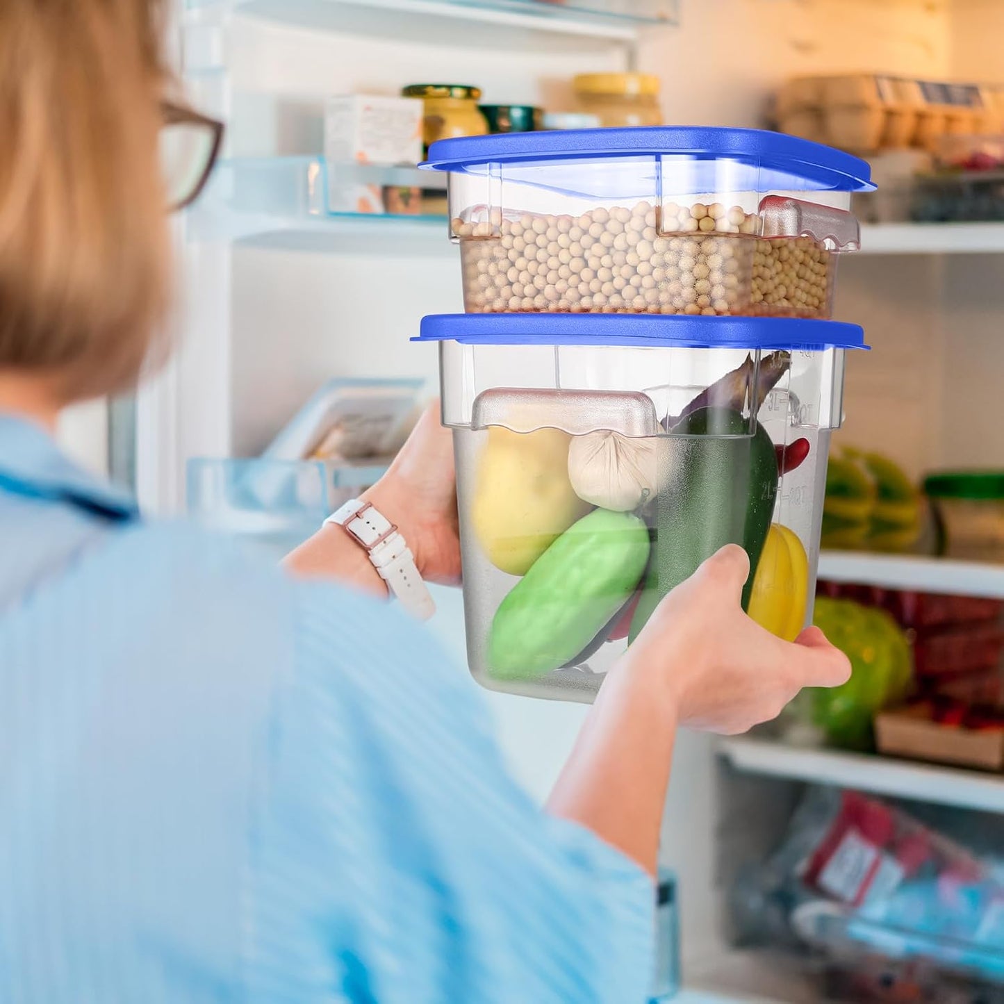 Barydat 4 Pcs Food Storage Container with Lids 2Qt and 4Qt Square Commercial Containers with Scales and Handles Polycarbonate Clear Food Storage for Kitchen Proof Dough Marinating Meat(Blue)