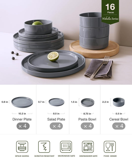 Famiware Nebula Dinnerware Set with Pasta Bowls, Service for 4 (16pcs), Fine Stoneware Plates and Bowls Sets, Microwave and Dishwasher Safe Dishes Set, Dark Gray