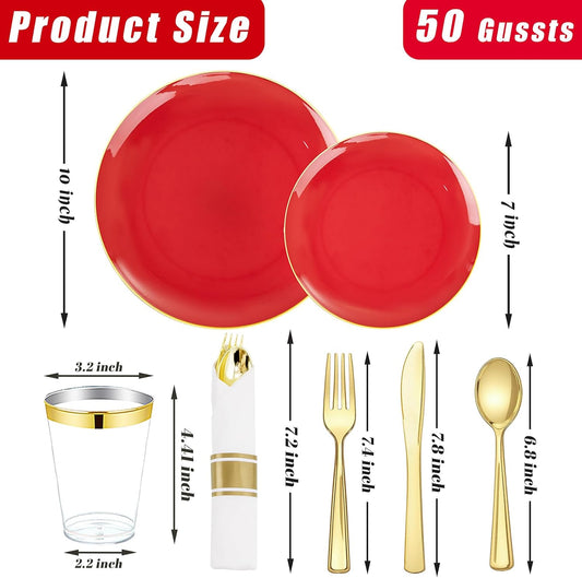 KIRE 350PCS Red Plastic Plates - Heavy Duty Red Plates Disposable - 50Guest Christmas Dinnerware Include 50Dinner Plate,50Dessert Plate,50Pre Rolled Napkins with Silverware for Christmas&Party