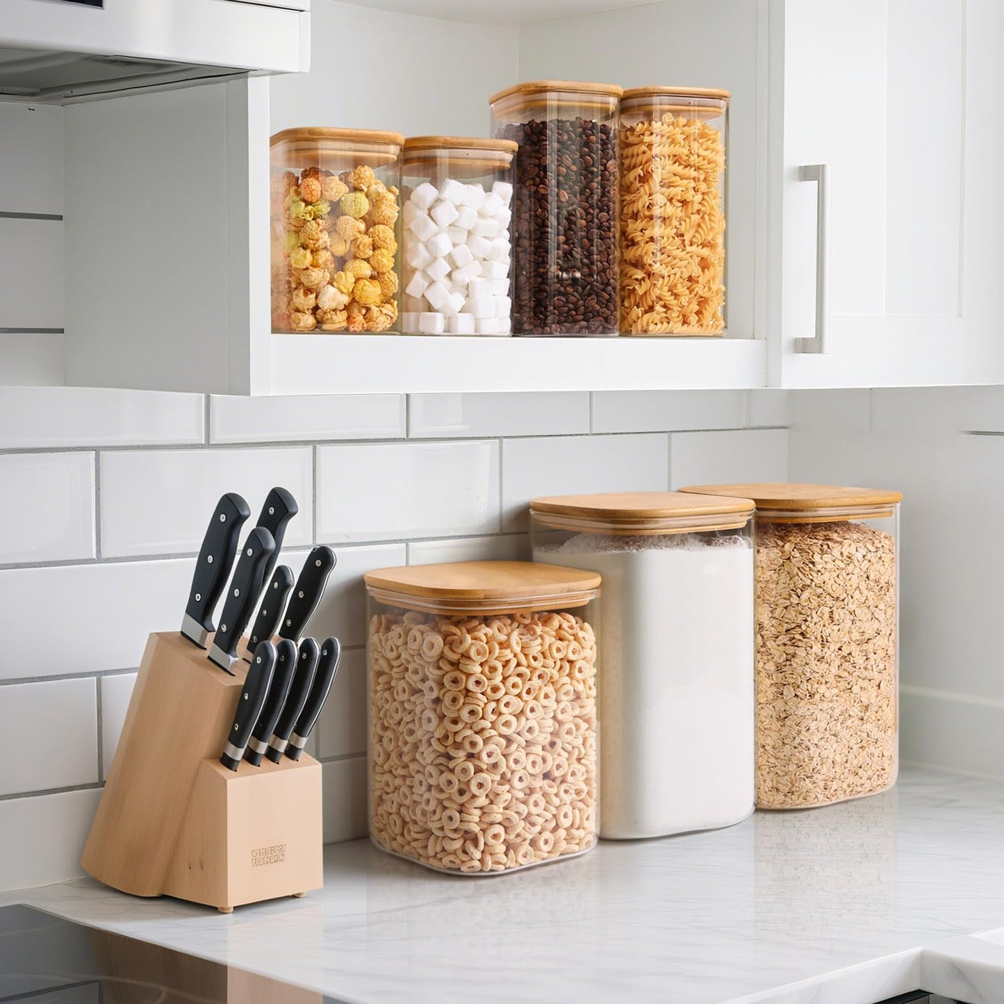 ComSaf Glass Food Storage Containers, 3.6Qt/1.2Qt Glass Flour and Sugar Containers with Airtight Lids, Large Square Jars with Bamboo Lids for Rice, Pasta, Oats, Grains, Cookies, Snacks, Candy