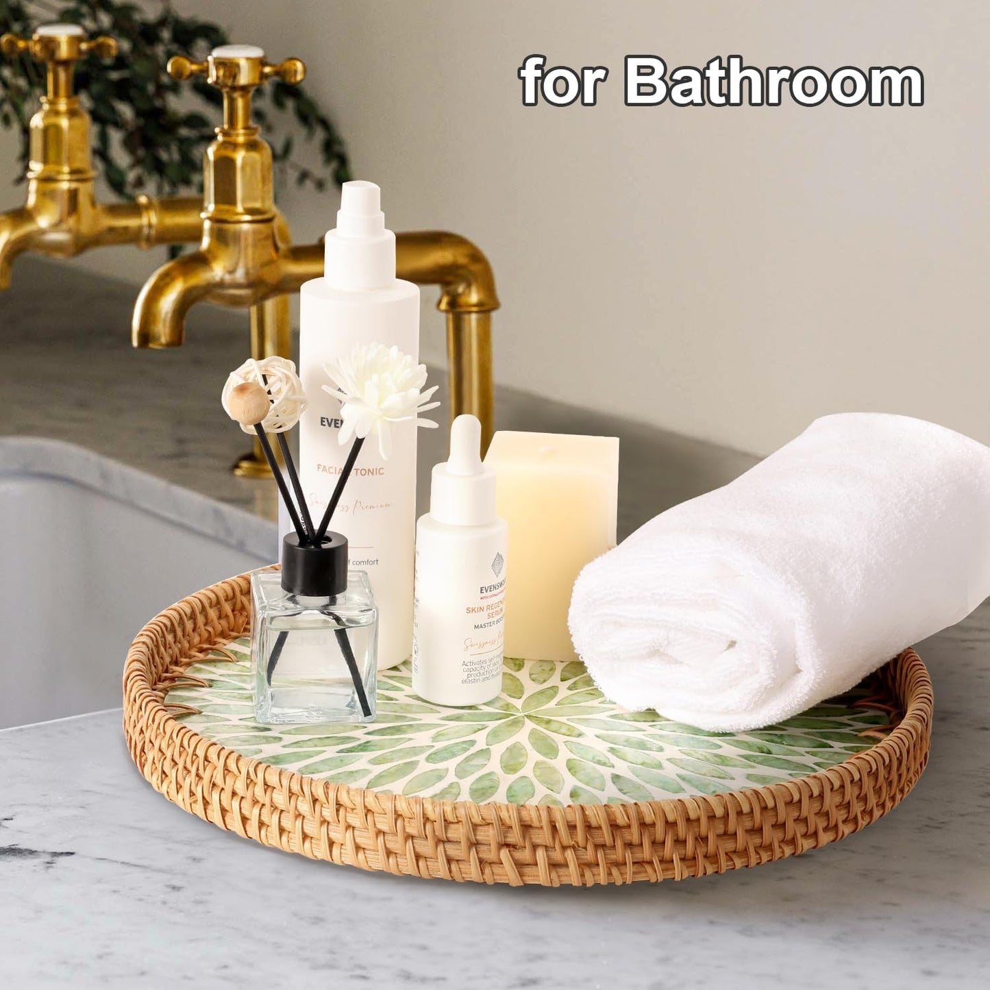 Round Rattan Tray with Mother of Pearl Inlay, Rattan Serving Tray for Coffee, Bread, Fruits, Decorative Wicker Tray for Table Decor, Home Decor, Kitchen Island Decor (Green Leaf, 11.8")